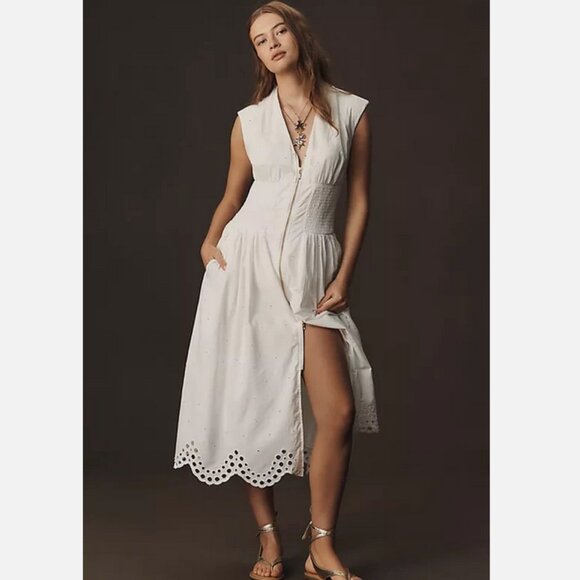 Anthropologie The Tommie Smocked Front-Zip Shirt Dress White Eyelet L XL NWT - Picture 4 of 7